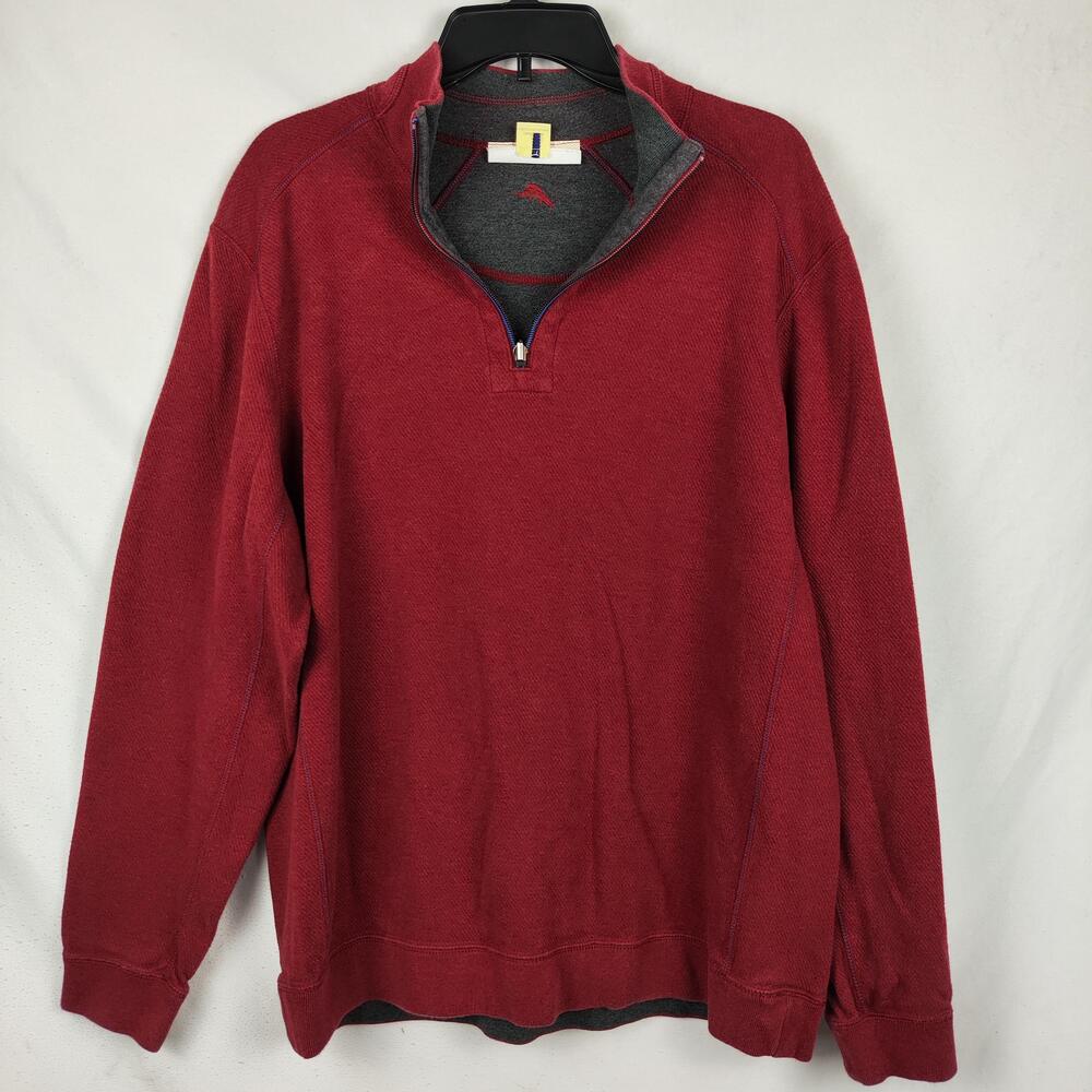 Tommy Bahama Sweater Mens Large Red 1/4 Zip Mock Neck Knit Reversible Pullover